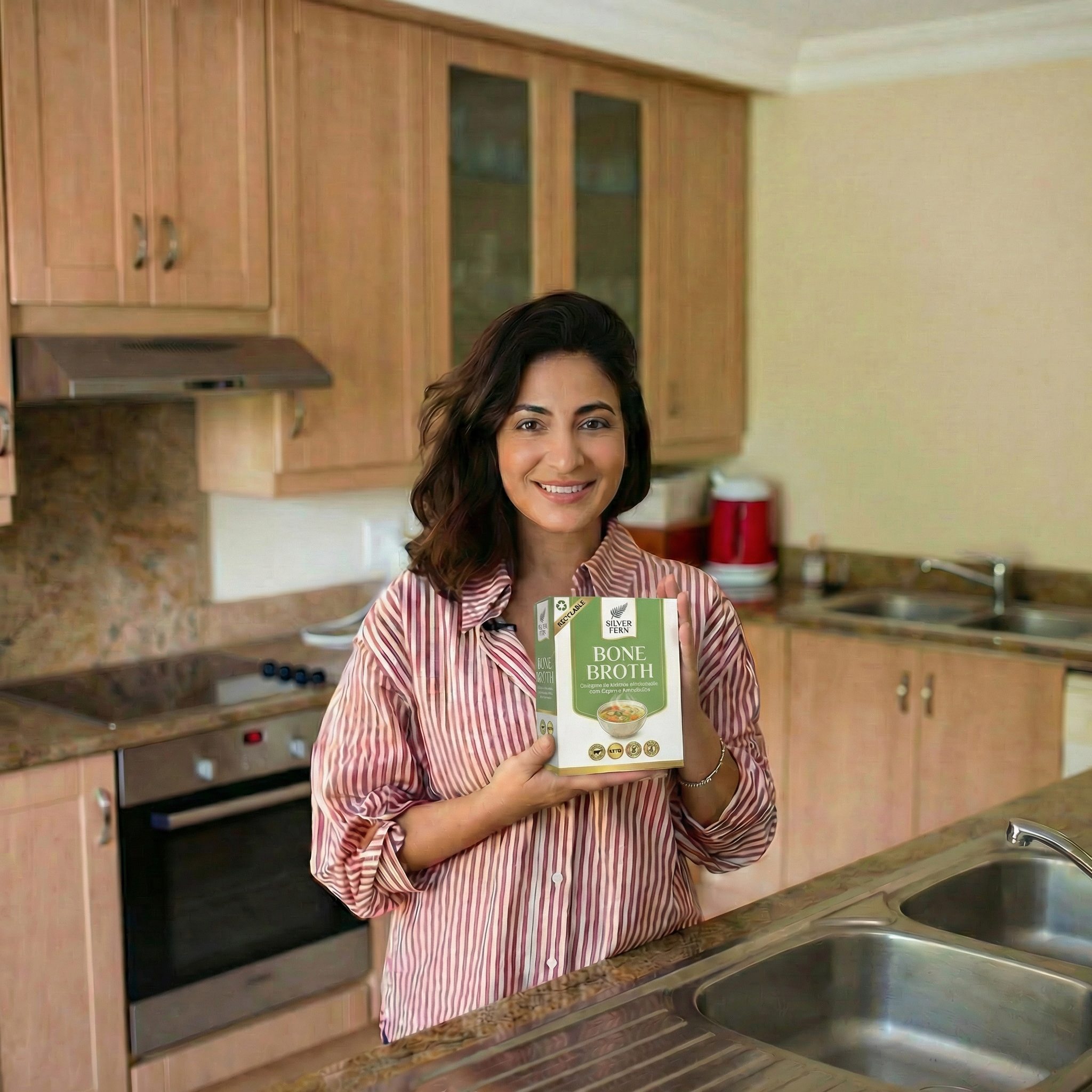 Mulher preparando Silver Fern Bone Broth na cozinha